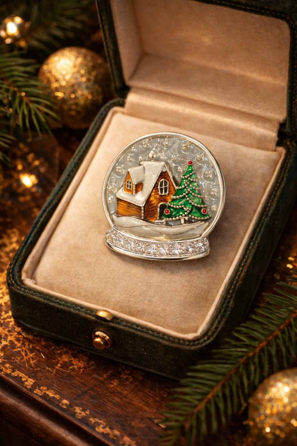 Vintage Napier Christmas Snow Globe Brooch Gold Tone Enamel Rhinestone Holiday Pin