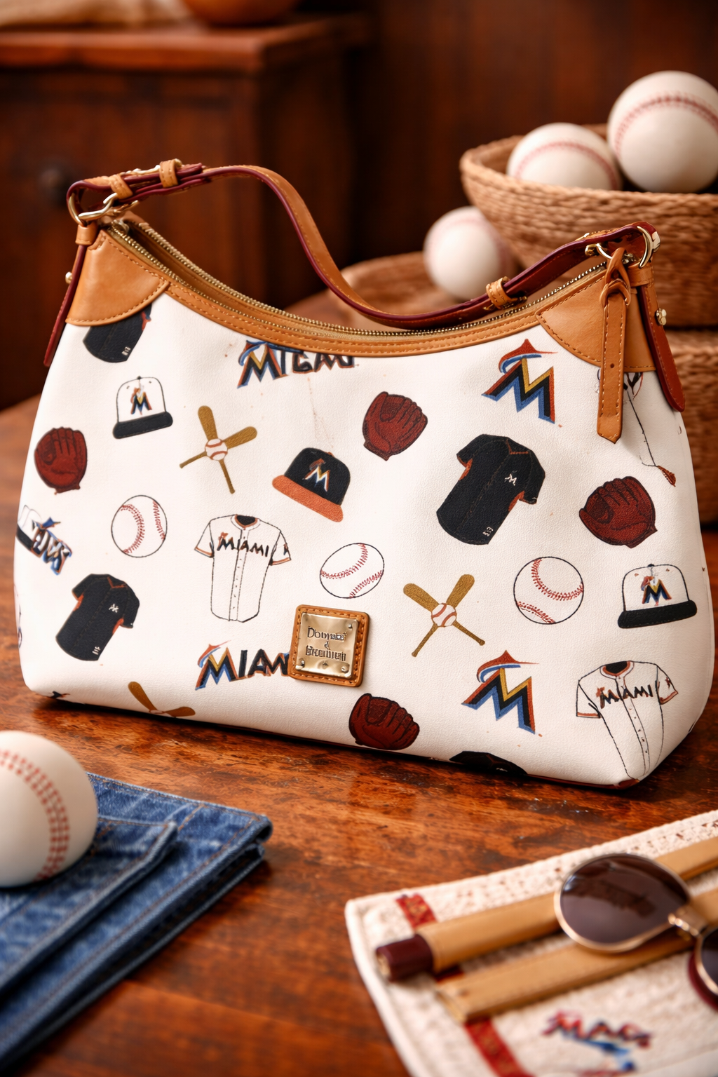 Dooney & Bourke White Leather Hobo Bag | Miami Baseball Print Shoulder Purse Sport Luxe Handbag