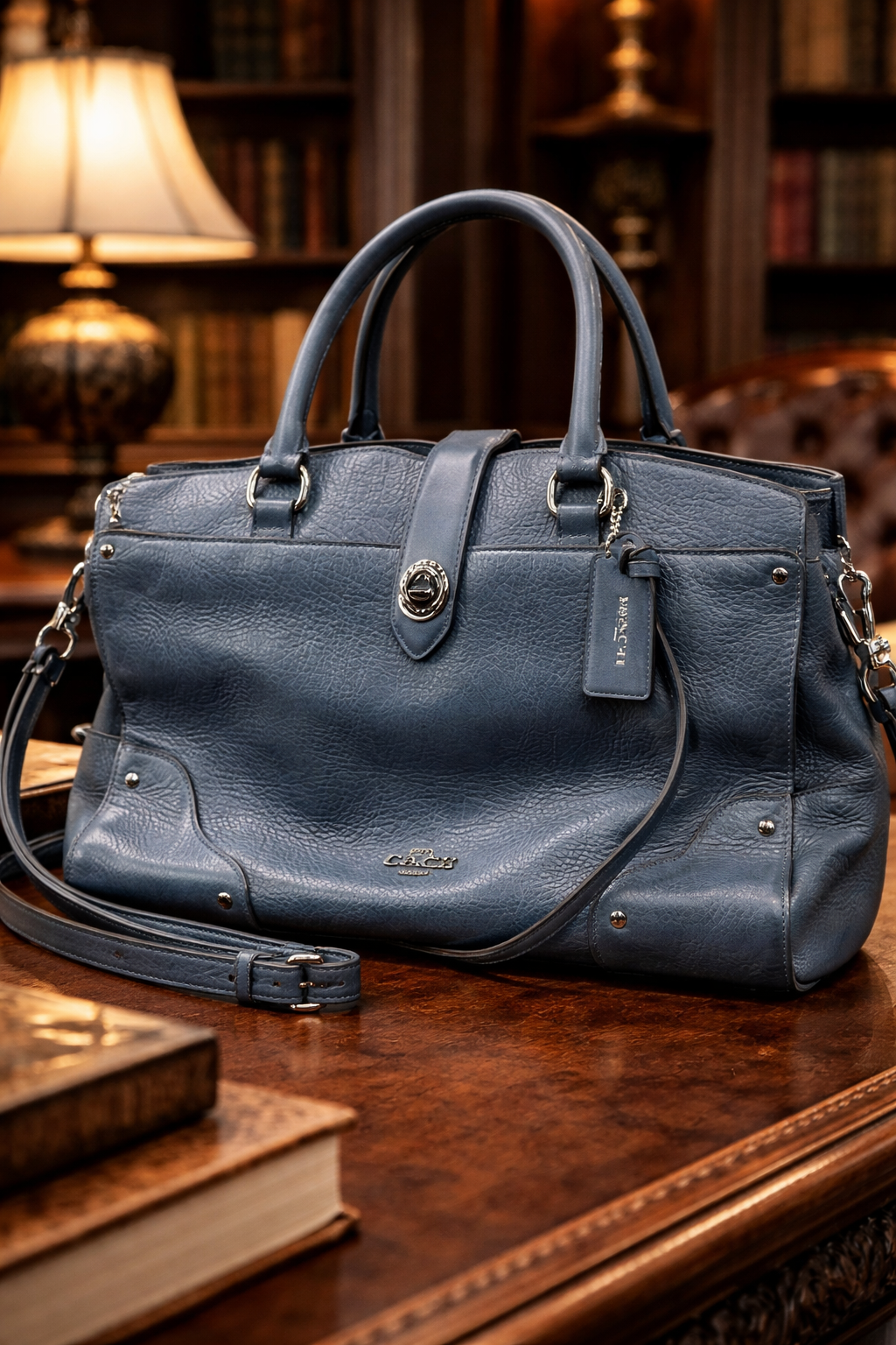 Coach Slate Blue Pebbled Leather Satchel Crossbody Bag Top Handle Purse
