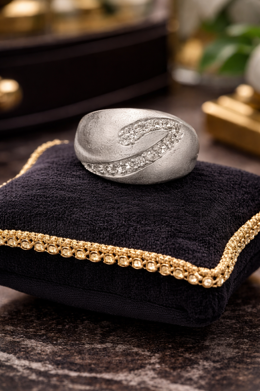 925 Sterling Silver Brushed Dome Ring Chunky Statement Ring Swirl Texture Crystal Accent Size 8