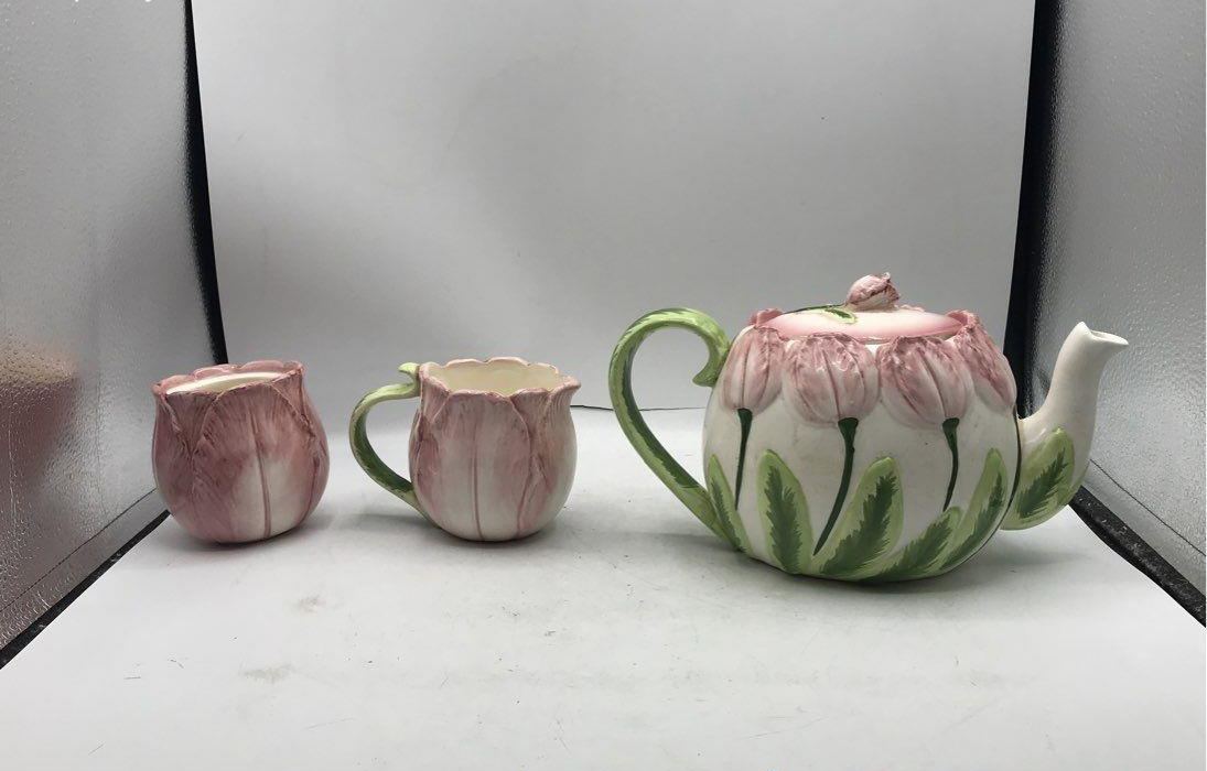 Seymour Mann Tulip Time Ceramic Tea Set, 1987 Pink Tulip Teapot Creamer & Sugar 3-Piece Set