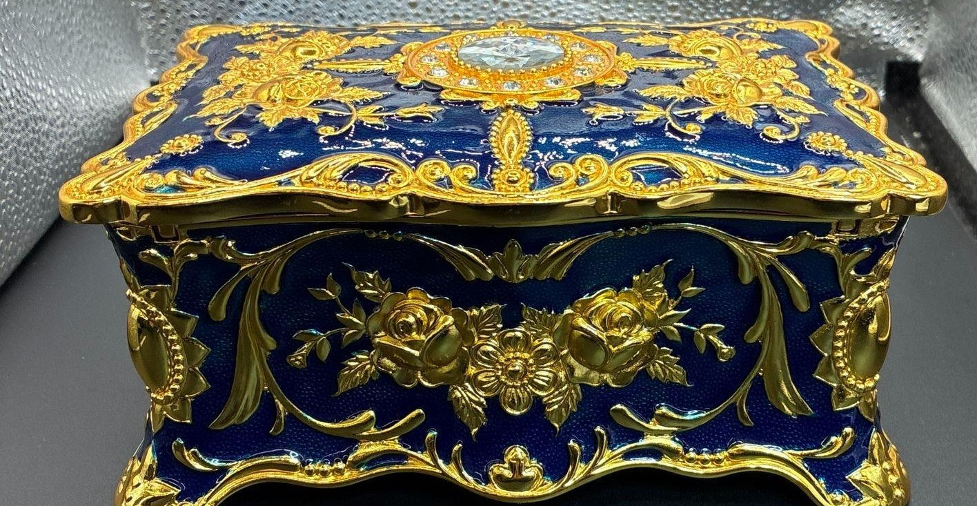 Ornate Blue & Gold Baroque Jewelry Box with Velvet Interior