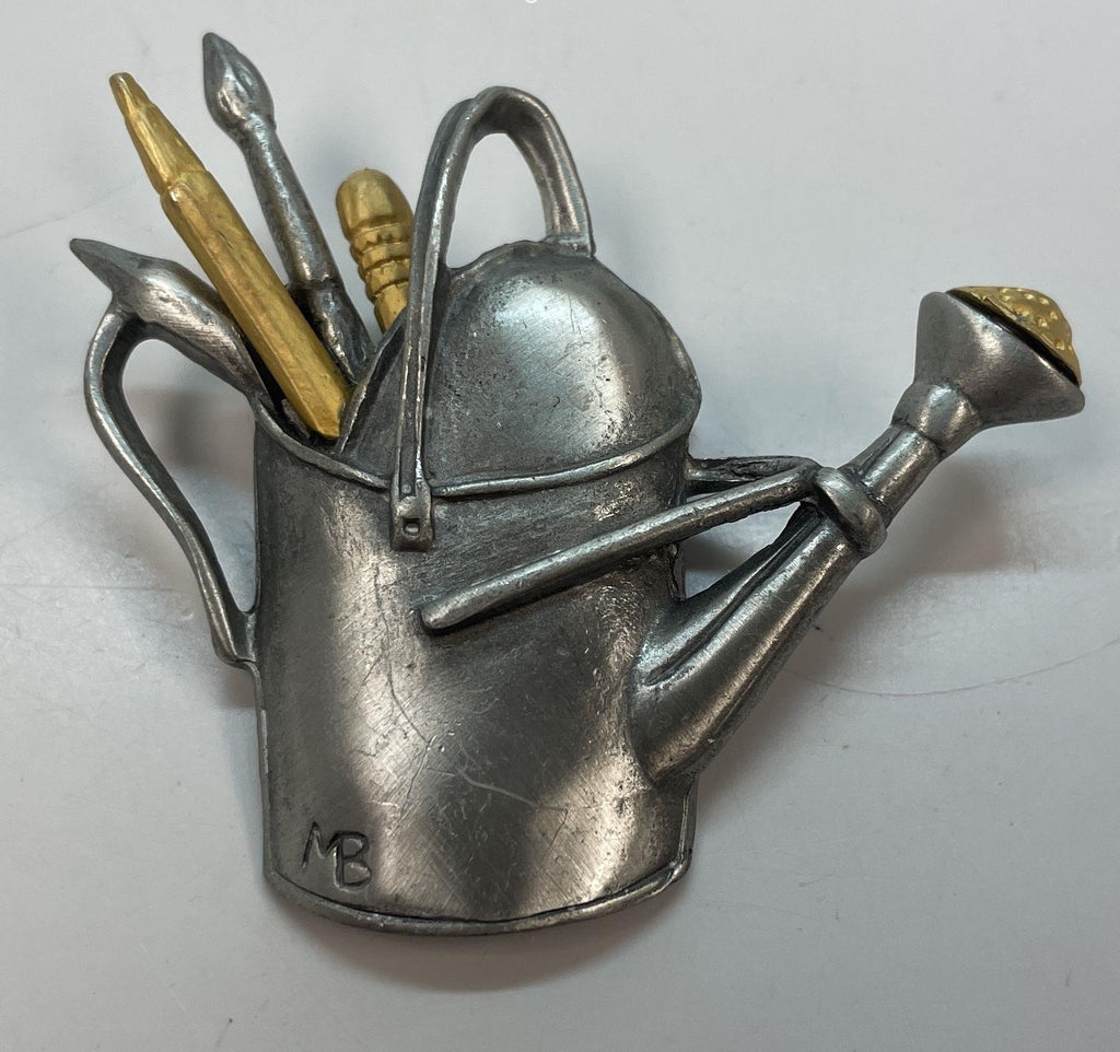 Marjolein Bastin 1999 Pewter Watering Can Brooch, Gold Tone Garden Tools Figural Pin