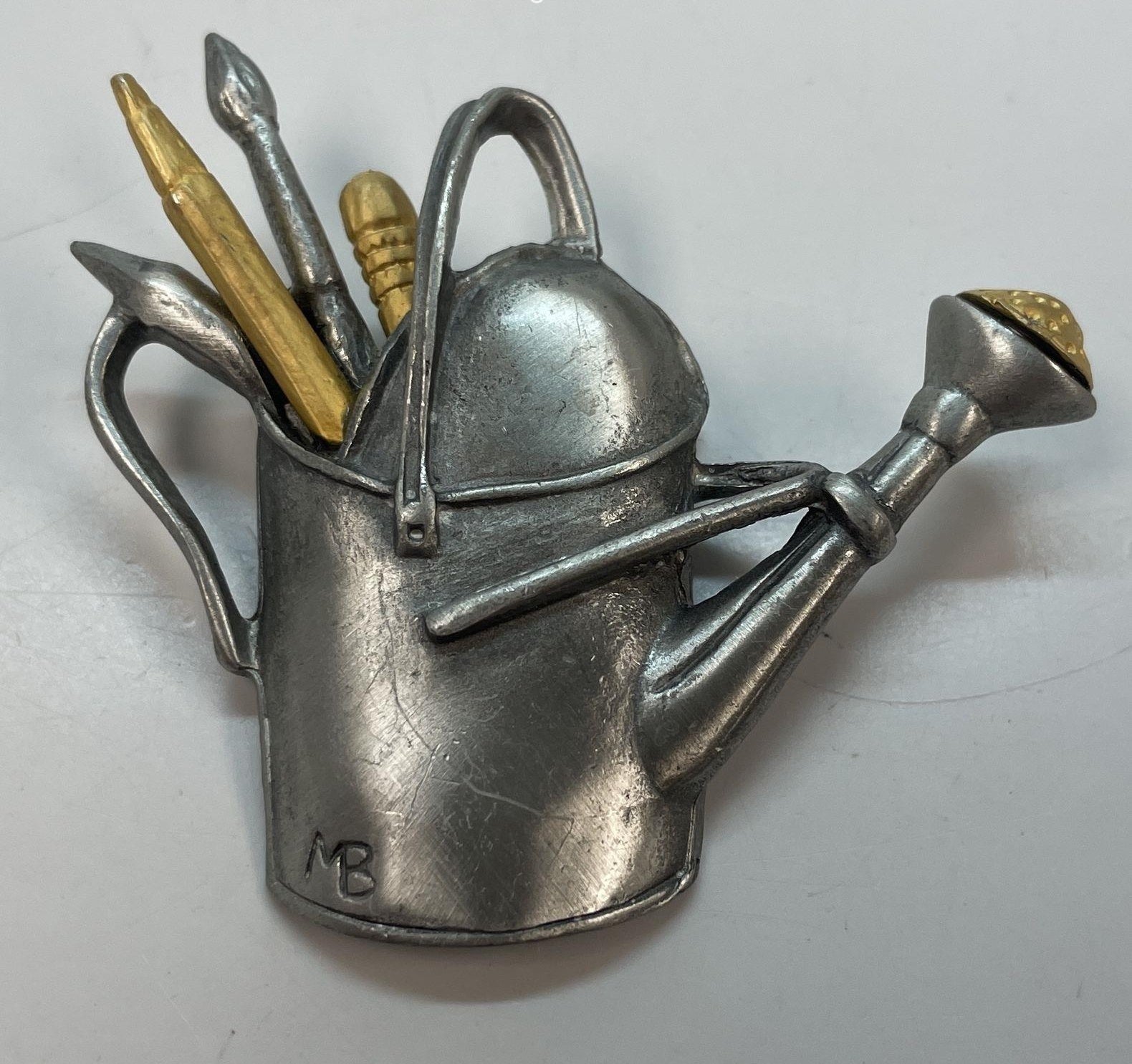 Marjolein Bastin 1999 Pewter Watering Can Brooch, Gold Tone Garden Tools Figural Pin
