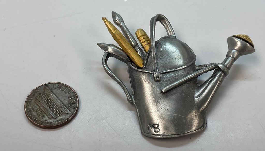 Marjolein Bastin 1999 Pewter Watering Can Brooch, Gold Tone Garden Tools Figural Pin