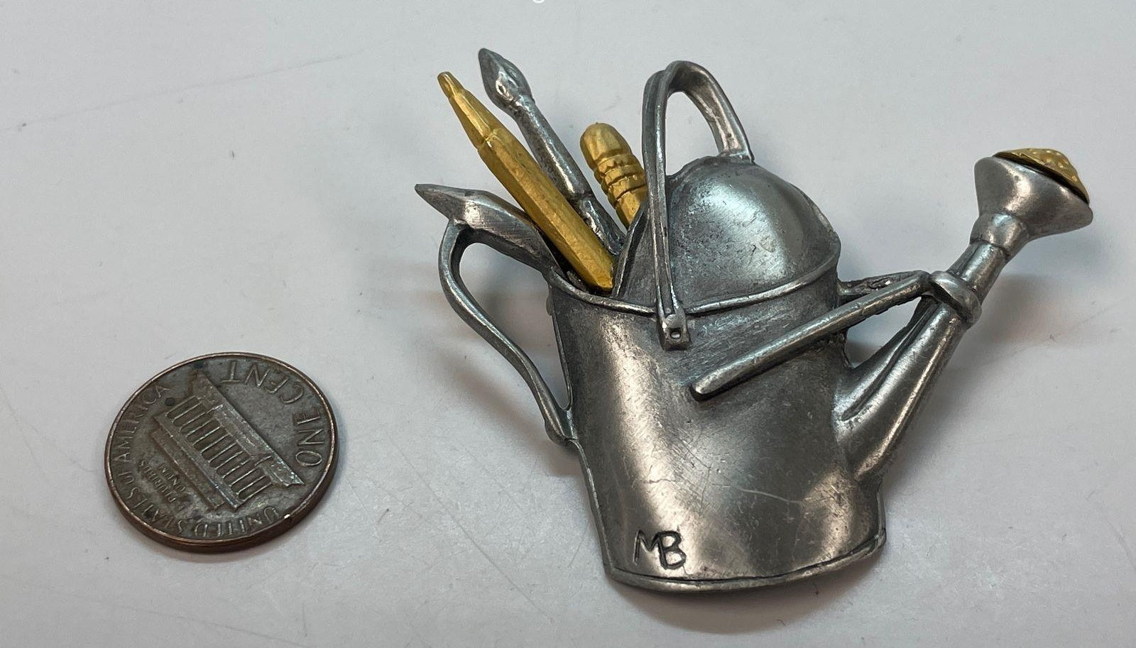 Marjolein Bastin 1999 Pewter Watering Can Brooch, Gold Tone Garden Tools Figural Pin