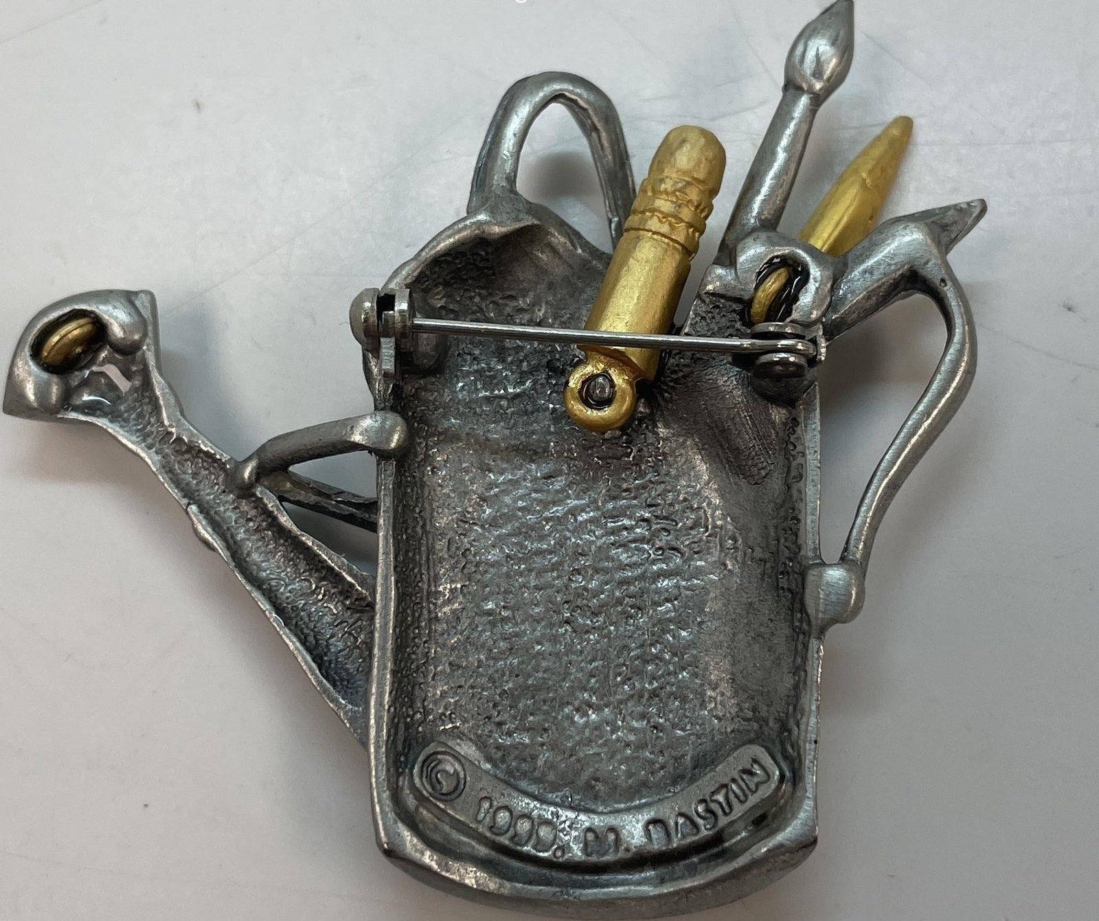 Marjolein Bastin 1999 Pewter Watering Can Brooch, Gold Tone Garden Tools Figural Pin