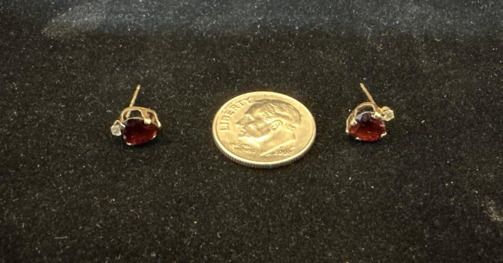 10K Yellow Gold Heart Post Earrings with Red and Clear Stones
