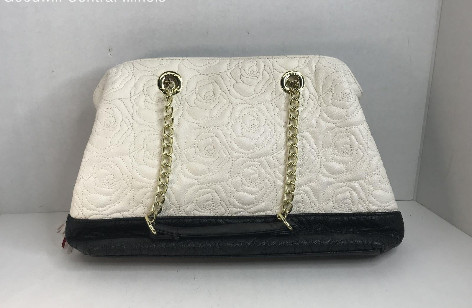 Betsey Johnson White Quilted Faux Leather Shoulder Bag with Rose Detail | Chain Strap Statement Purse