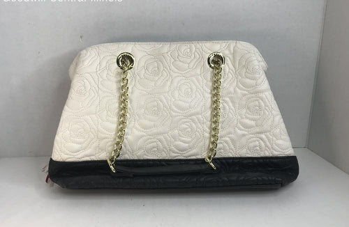 Betsey Johnson White Quilted Faux Leather Shoulder Bag with Rose Detail | Chain Strap Statement Purse