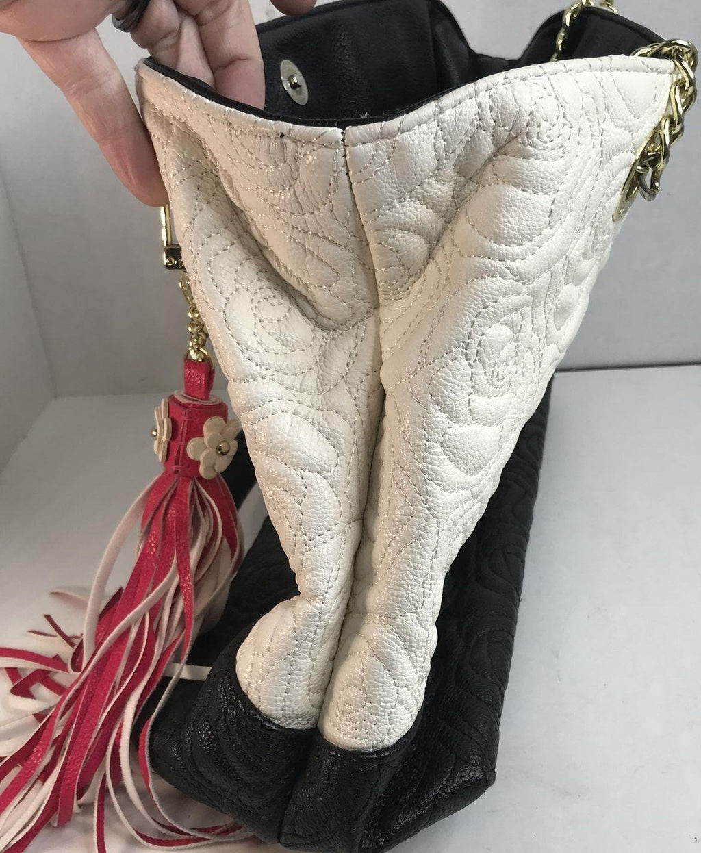 Betsey Johnson White Quilted Faux Leather Shoulder Bag with Rose Detail | Chain Strap Statement Purse