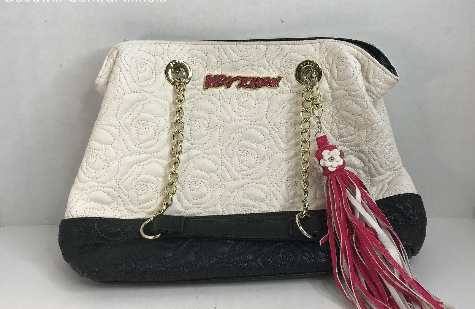 Betsey Johnson White Quilted Faux Leather Shoulder Bag with Rose Detail | Chain Strap Statement Purse