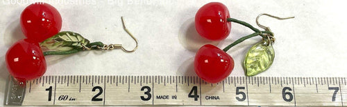 Cherry Dangle Earrings, Red Fruit Drop Earrings with Green Leaf Detail