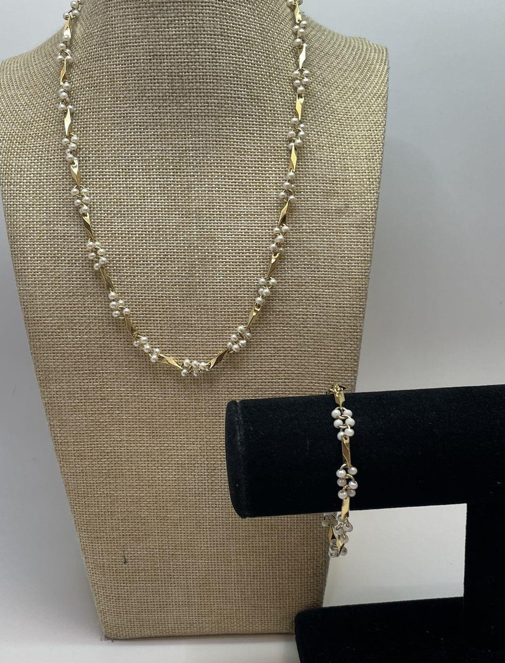 Faux Pearl Gold Tone Station Necklace & Bracelet Set Wedding Jewelry Demi-Parure