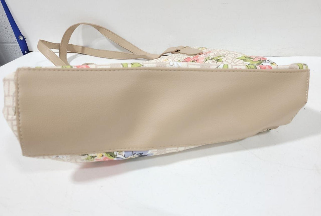 Ivory Floral Shopper Tote Bag with Tan Straps, Spring Garden Shoulder Purse