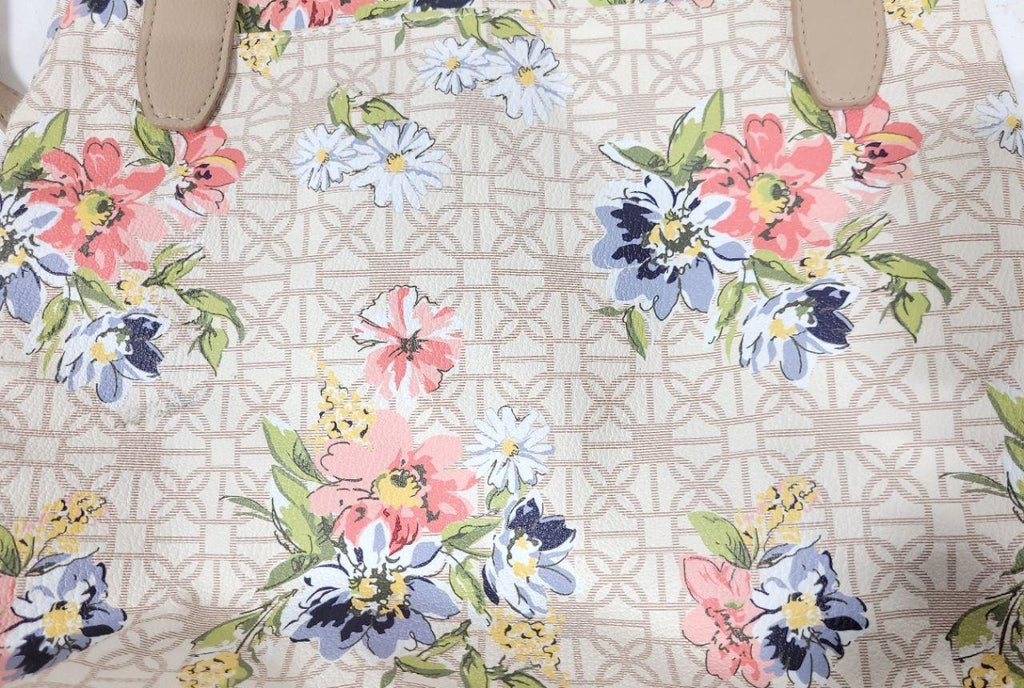 Ivory Floral Shopper Tote Bag with Tan Straps, Spring Garden Shoulder Purse
