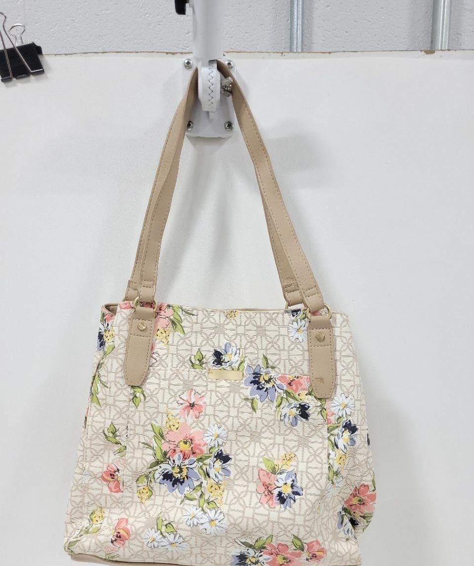 Ivory Floral Shopper Tote Bag with Tan Straps, Spring Garden Shoulder Purse