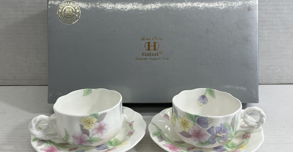 1988 Hankook Fine Bone China Floral Teacup & Saucer Set | Set of 2 Korean Porcelain Tea Cups