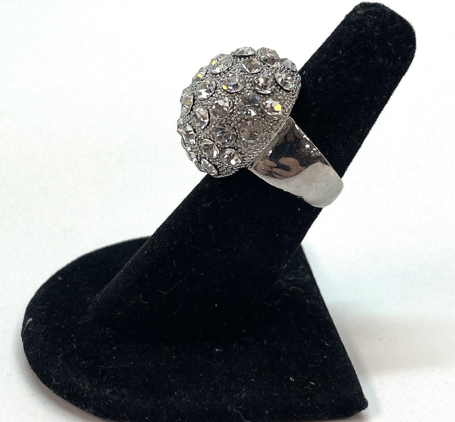 Vintage Silver Tone Pavé Rhinestone Dome Cocktail Ring 21.3g | Statement Estate Jewelry