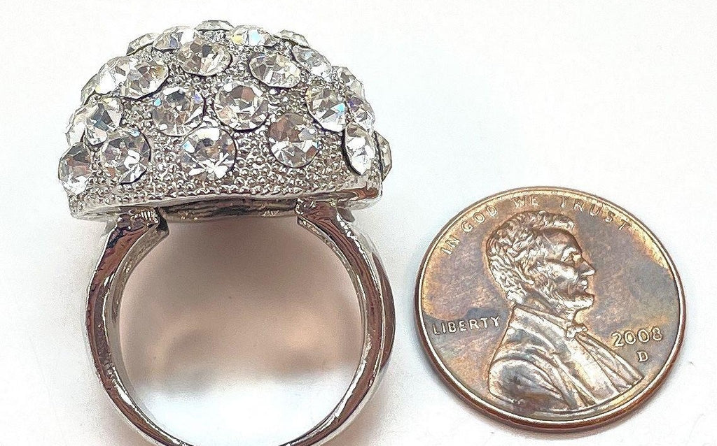 Vintage Silver Tone Pavé Rhinestone Dome Cocktail Ring 21.3g | Statement Estate Jewelry