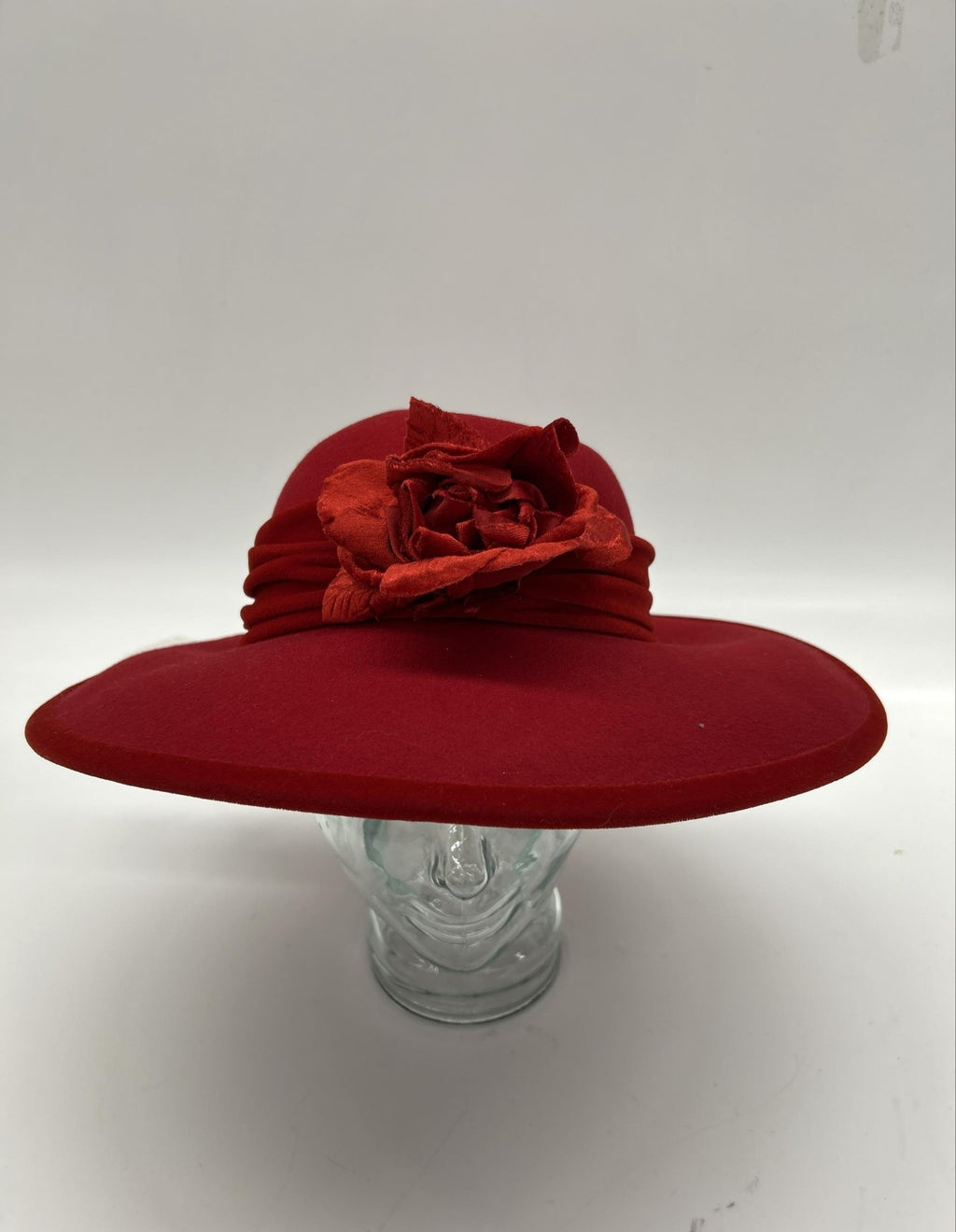 Red Wool Wide Brim Hat with Floral Accent | Vintage Style Elegant Statement Dress Hat