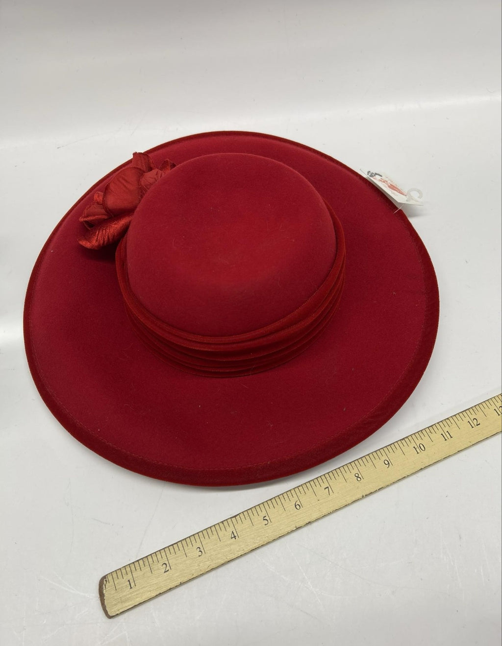Red Wool Wide Brim Hat with Floral Accent | Vintage Style Elegant Statement Dress Hat