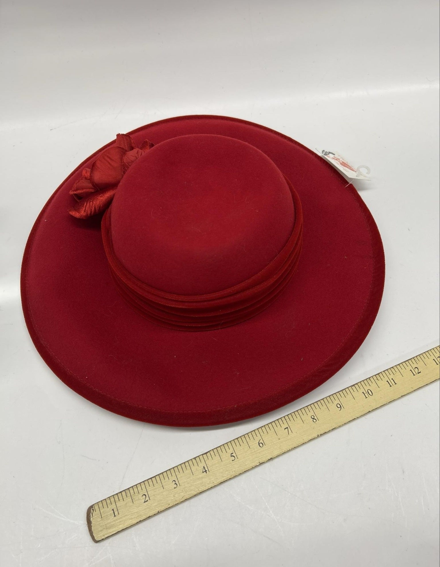 Red Wool Wide Brim Hat with Floral Accent | Vintage Style Elegant Statement Dress Hat
