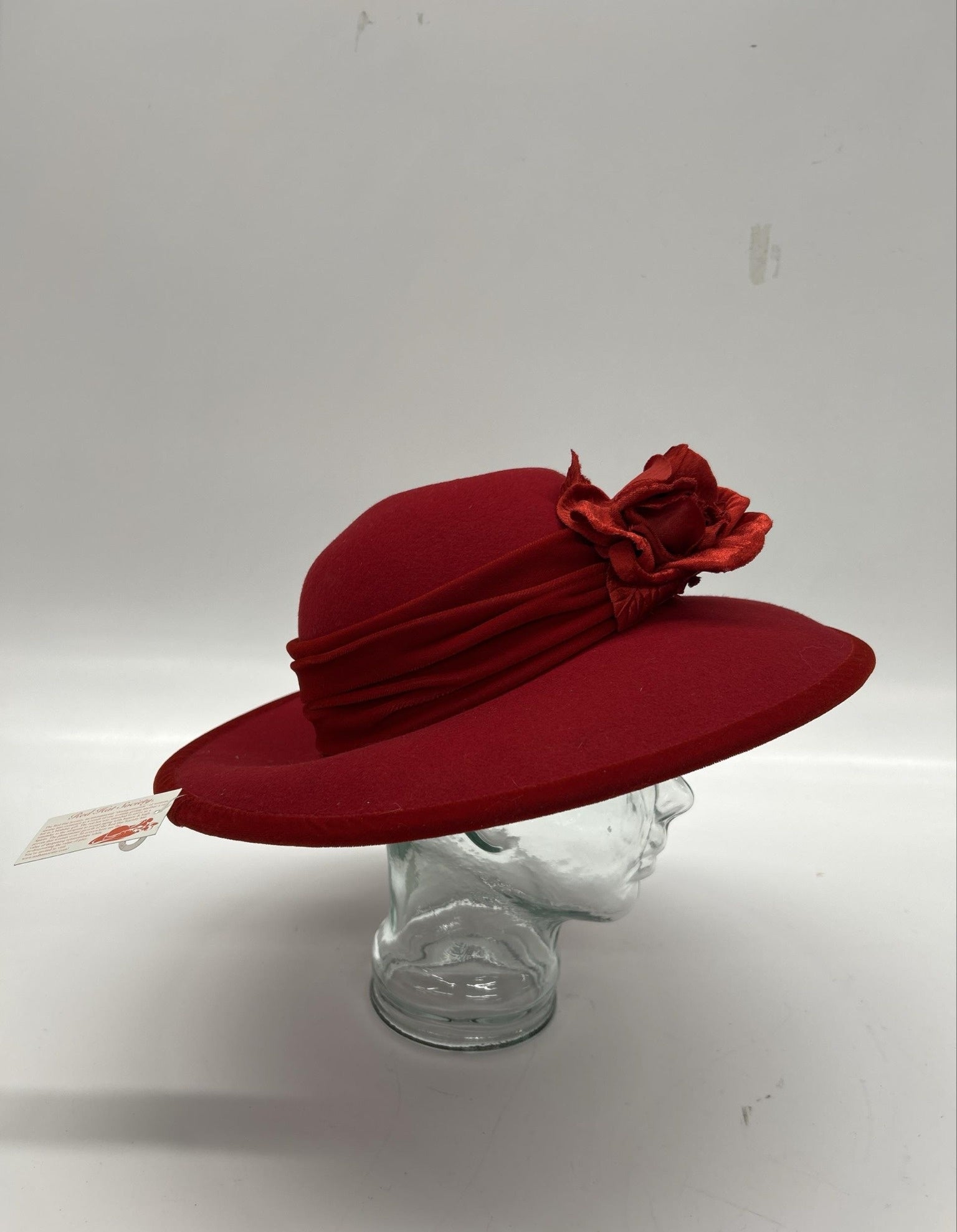 Red Wool Wide Brim Hat with Floral Accent | Vintage Style Elegant Statement Dress Hat