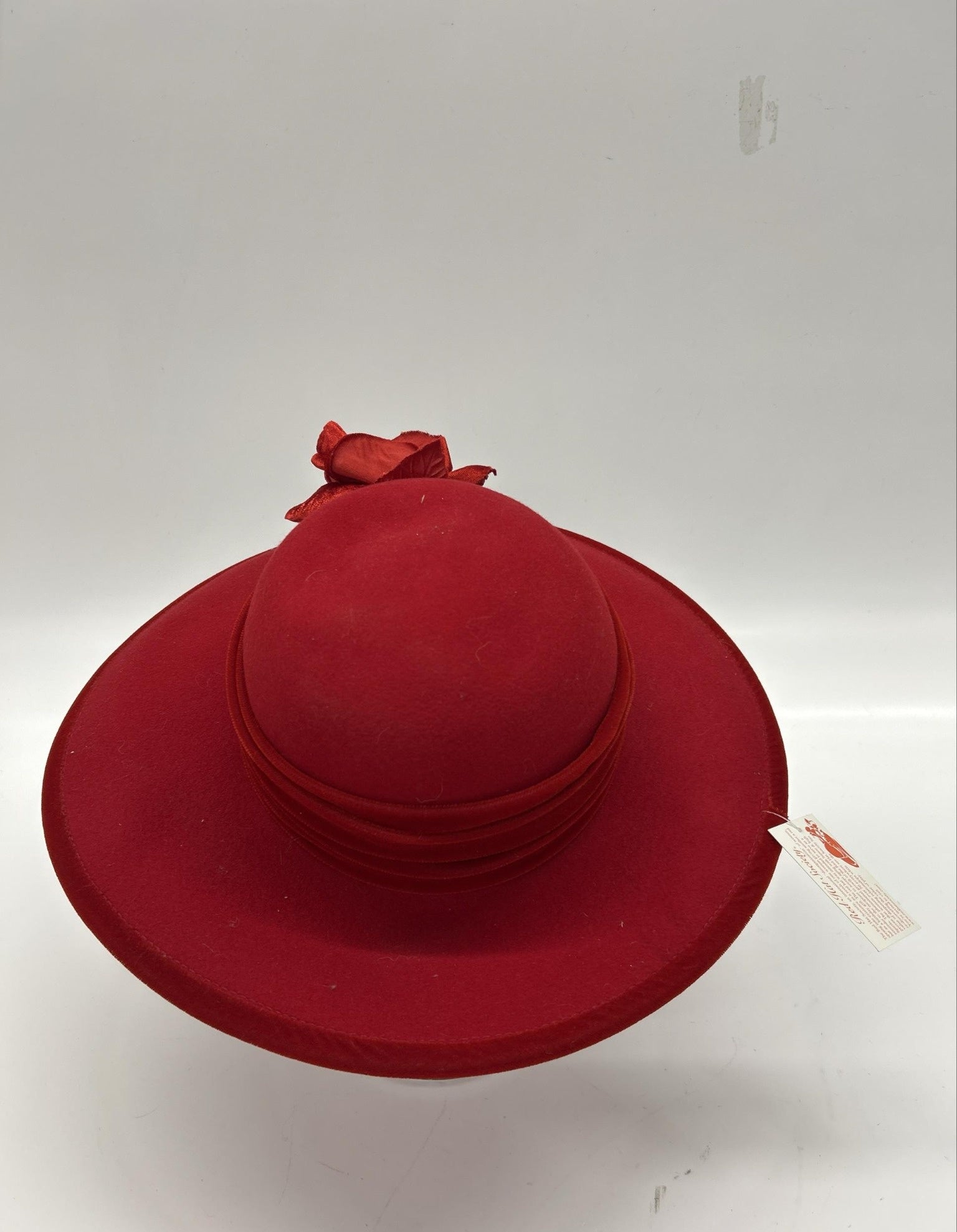 Red Wool Wide Brim Hat with Floral Accent | Vintage Style Elegant Statement Dress Hat