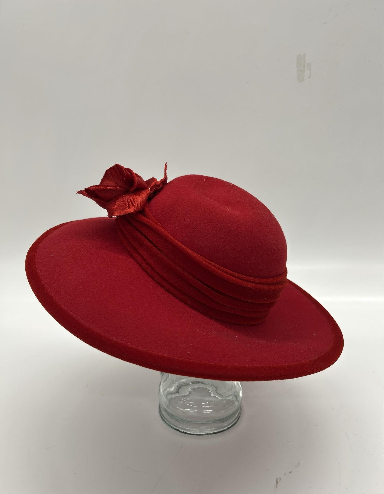 Red Wool Wide Brim Hat with Floral Accent | Vintage Style Elegant Statement Dress Hat