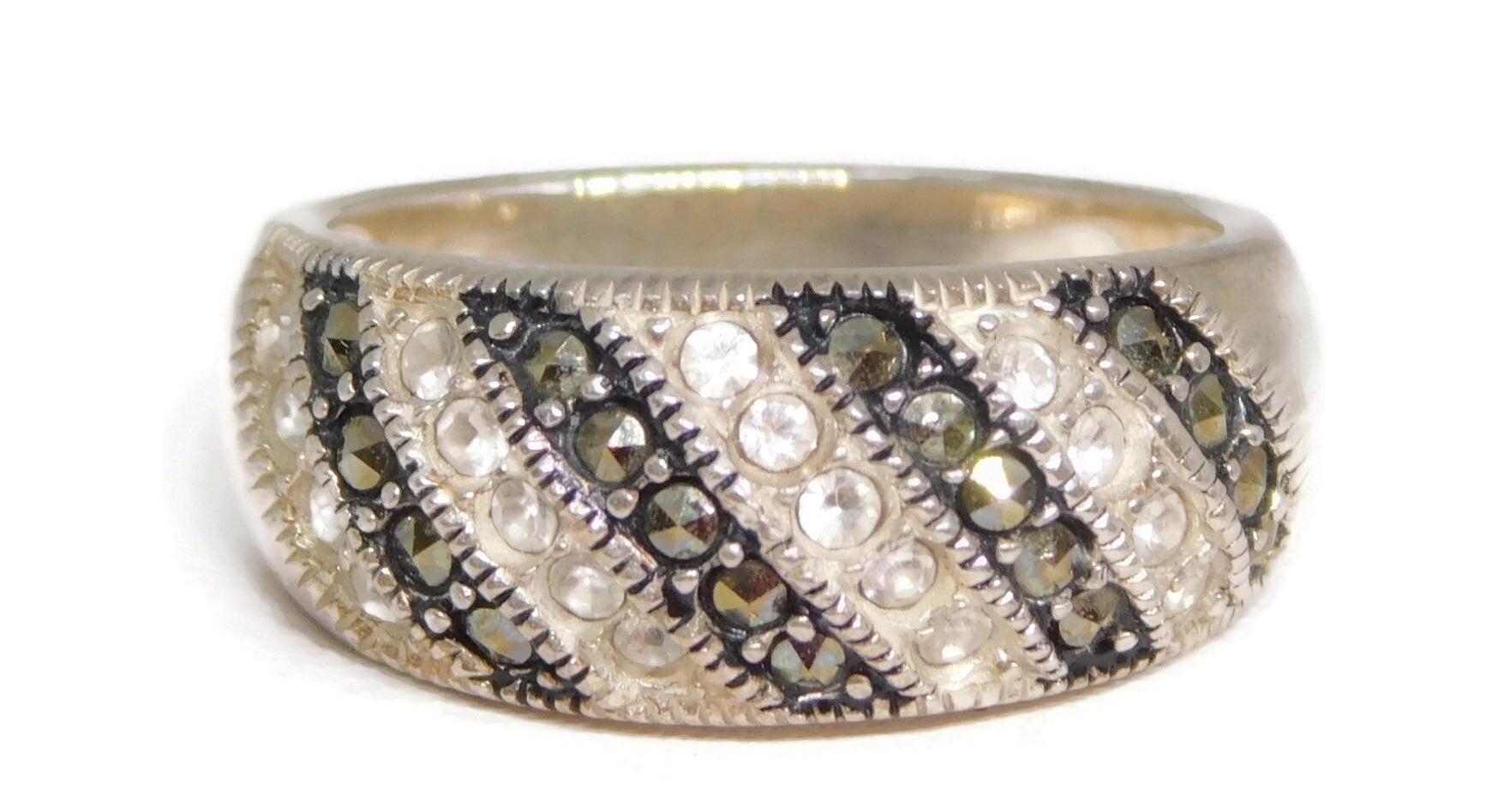 Vintage 925 Sterling Marcasite Stones Simulated Diamond Ring 4.07g