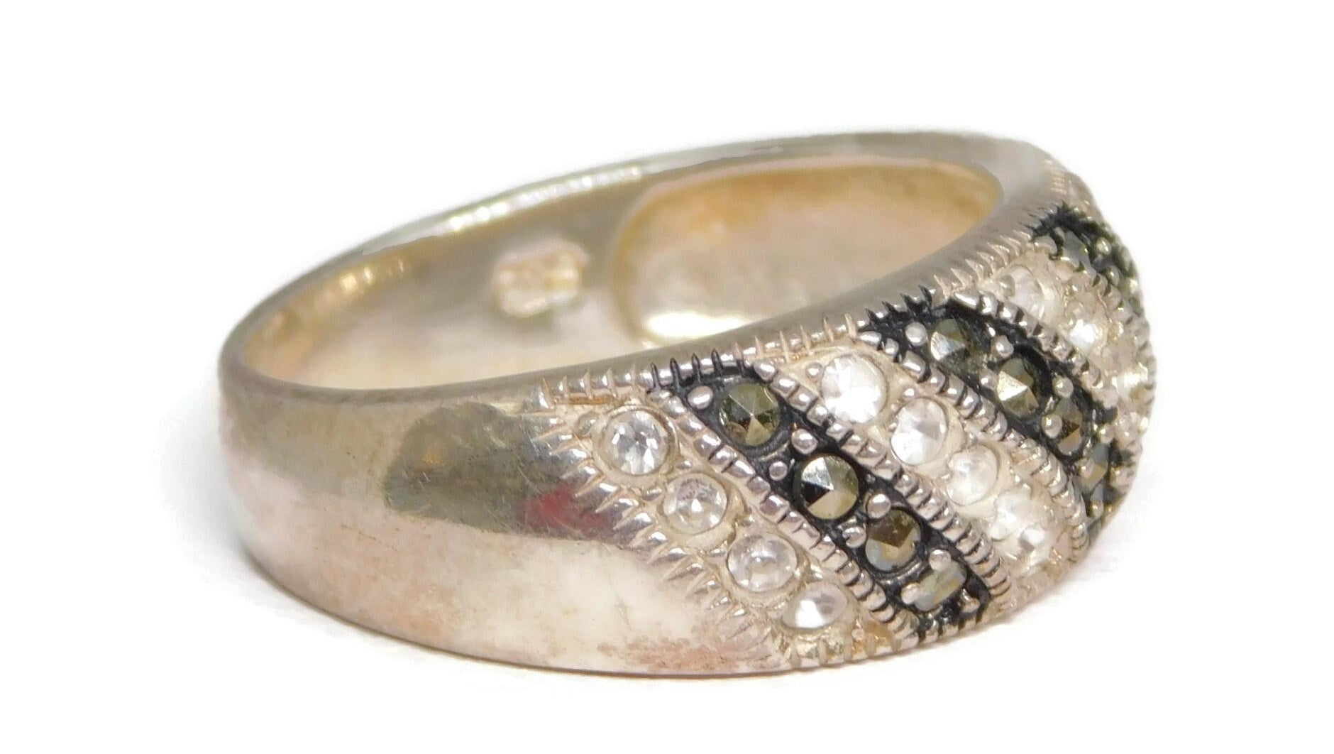 Vintage 925 Sterling Marcasite Stones Simulated Diamond Ring 4.07g
