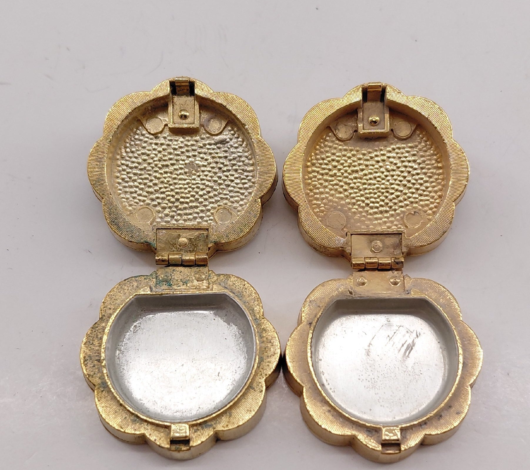 Vintage Coty Gold Tone Solid Perfume Compacts Set of 2 with Green Cabochons | Mid-Century Vanity Accessories