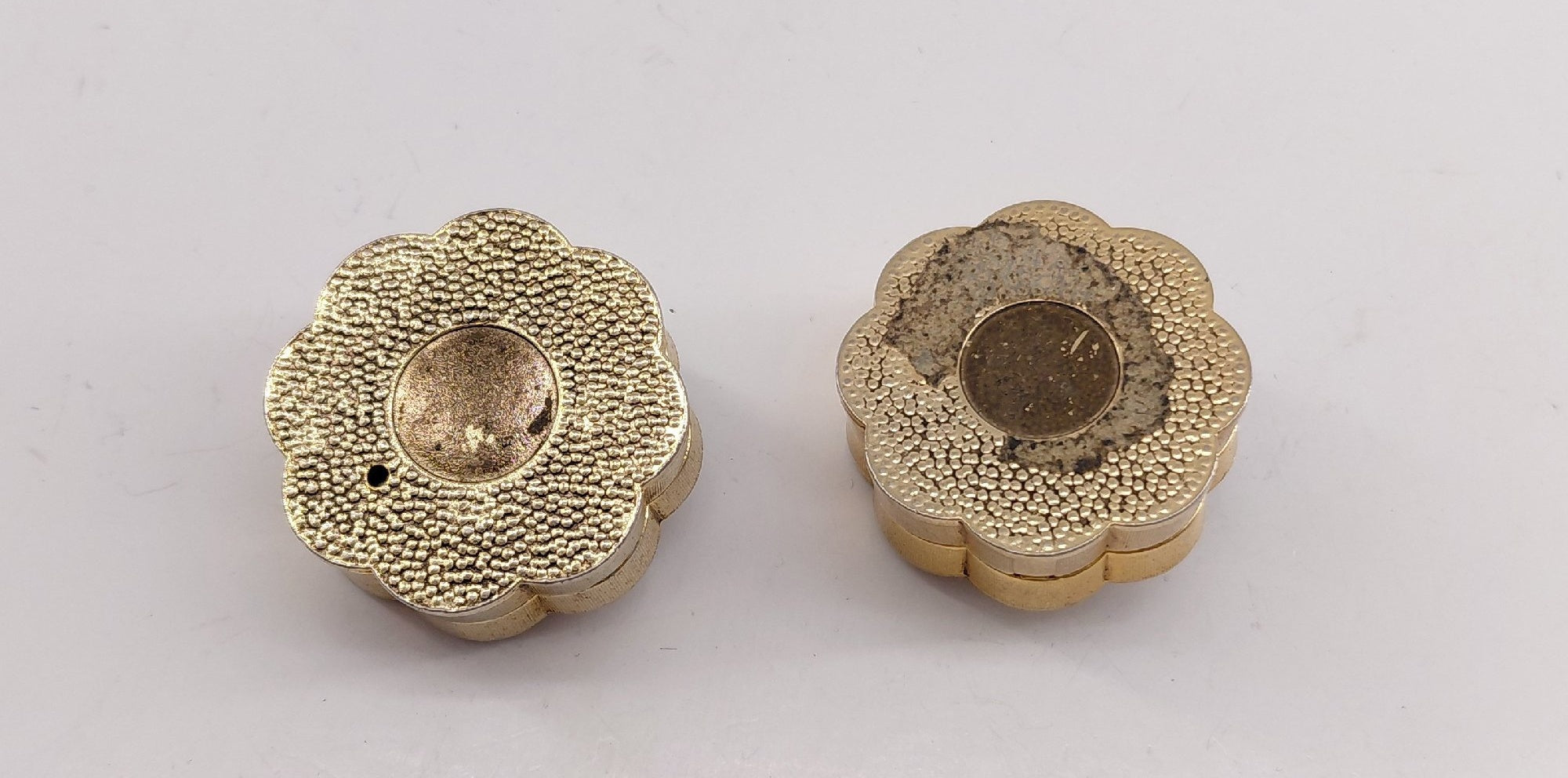 Vintage Coty Gold Tone Solid Perfume Compacts Set of 2 with Green Cabochons | Mid-Century Vanity Accessories