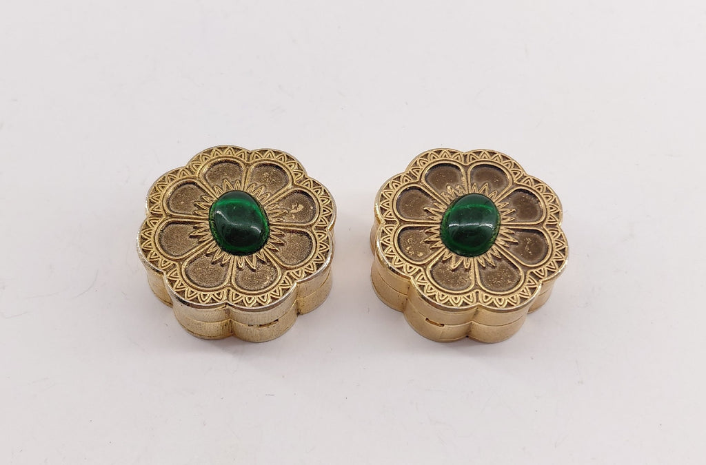 Vintage Coty Gold Tone Solid Perfume Compacts Set of 2 with Green Cabochons | Mid-Century Vanity Accessories