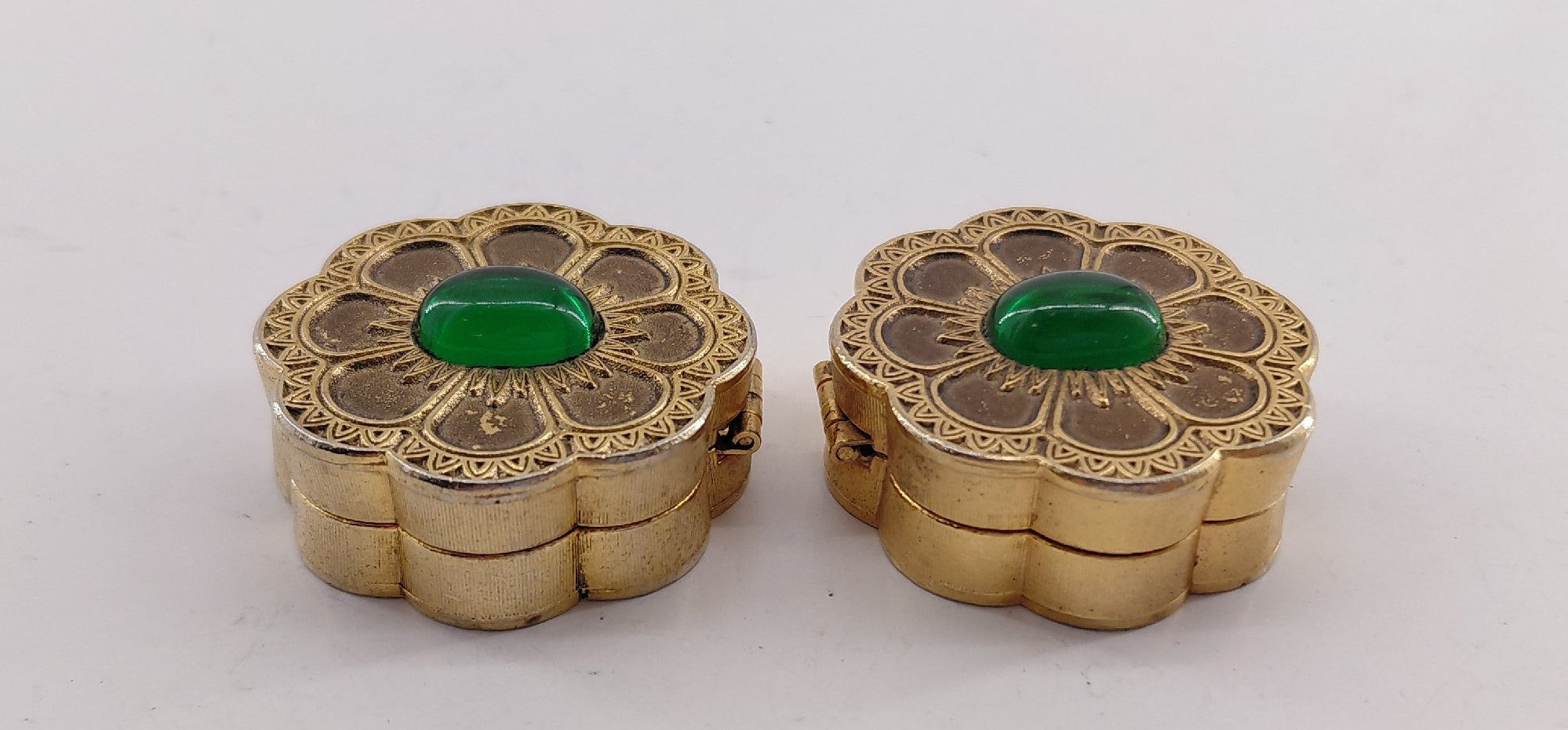 Vintage Coty Gold Tone Solid Perfume Compacts Set of 2 with Green Cabochons | Mid-Century Vanity Accessories