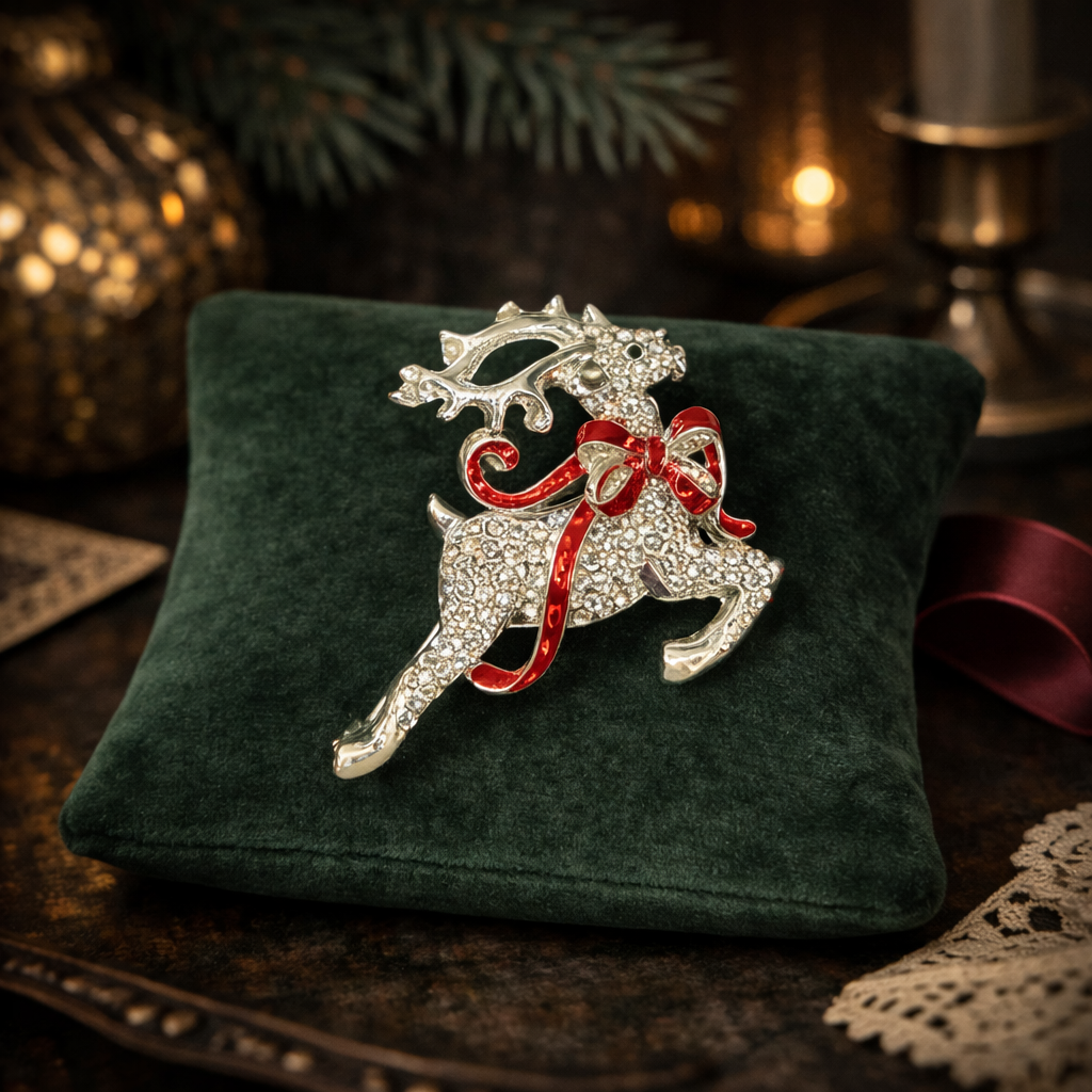 Rhinestone Reindeer Christmas Brooch with Red Enamel Ribbon