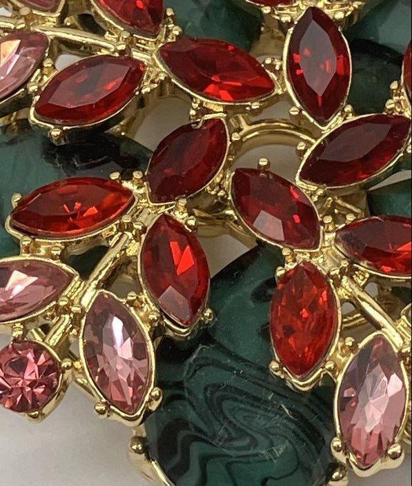 Vintage Malachite & Red Rhinestone Floral Brooch | Double Tiered Statement Pin Gold Tone