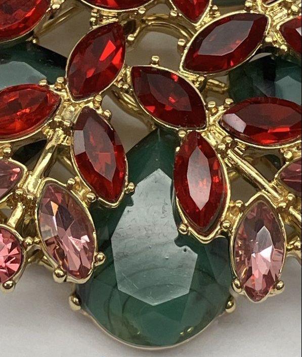 Vintage Malachite & Red Rhinestone Floral Brooch | Double Tiered Statement Pin Gold Tone