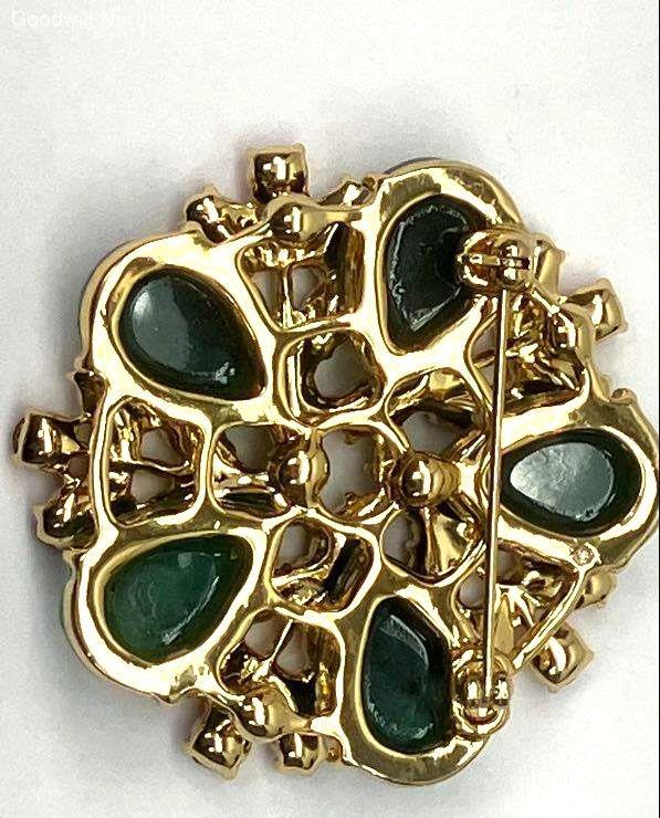 Vintage Malachite & Red Rhinestone Floral Brooch | Double Tiered Statement Pin Gold Tone