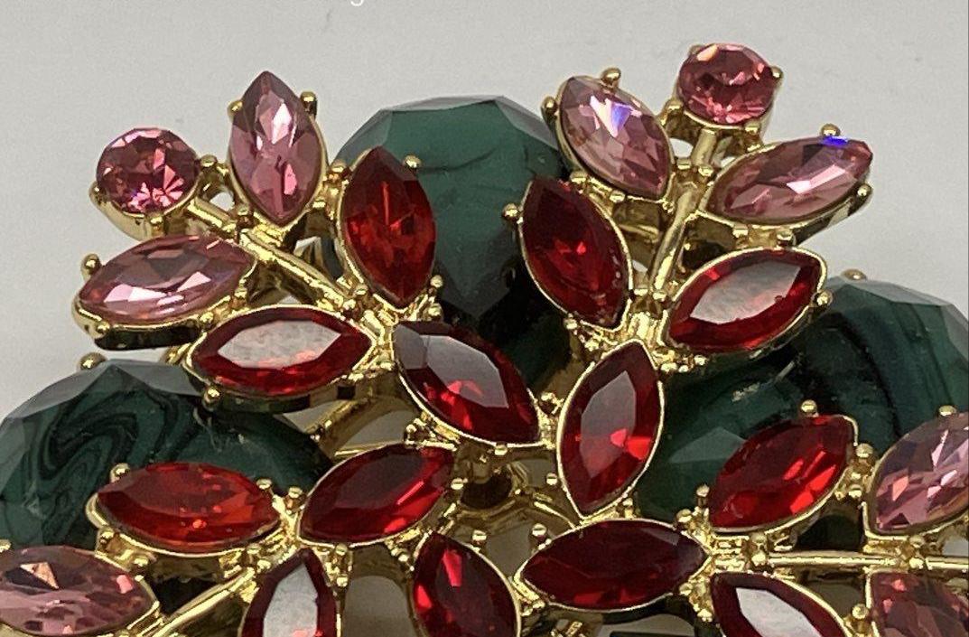 Vintage Malachite & Red Rhinestone Floral Brooch | Double Tiered Statement Pin Gold Tone