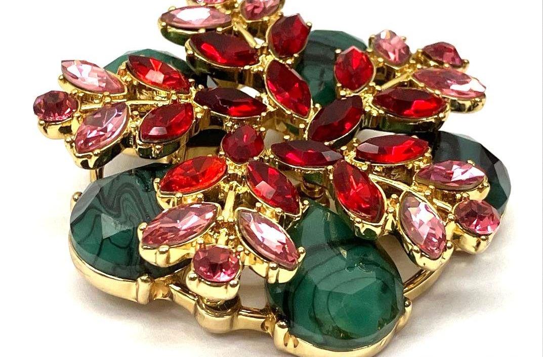 Vintage Malachite & Red Rhinestone Floral Brooch | Double Tiered Statement Pin Gold Tone