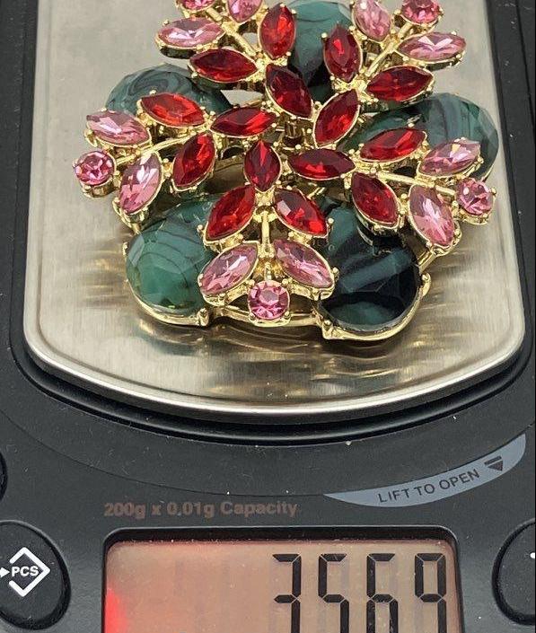 Vintage Malachite & Red Rhinestone Floral Brooch | Double Tiered Statement Pin Gold Tone