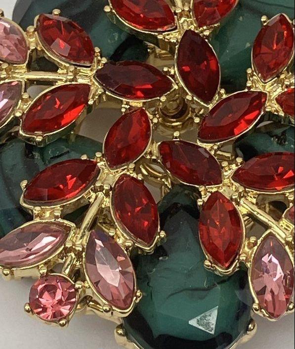 Vintage Malachite & Red Rhinestone Floral Brooch | Double Tiered Statement Pin Gold Tone
