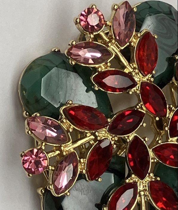 Vintage Malachite & Red Rhinestone Floral Brooch | Double Tiered Statement Pin Gold Tone