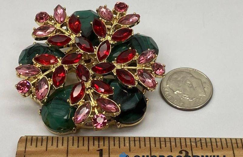 Vintage Malachite & Red Rhinestone Floral Brooch | Double Tiered Statement Pin Gold Tone