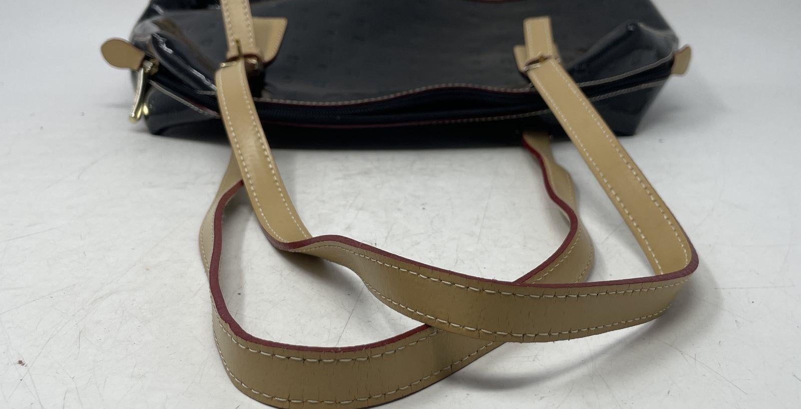 Arcadia Black Patent Leather Shoulder Bag Beige Leather Trim Double Handle Italian Handbag