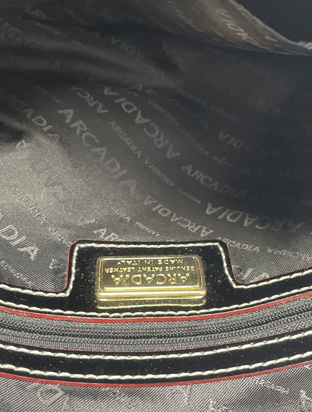 Arcadia Black Patent Leather Shoulder Bag Beige Leather Trim Double Handle Italian Handbag