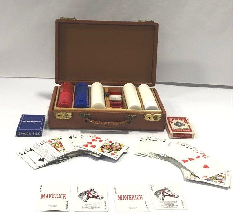Brown Leather Poker Case with Chips and Playing Cards