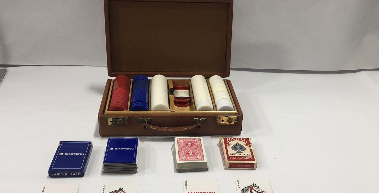 Brown Leather Poker Case with Chips and Playing Cards